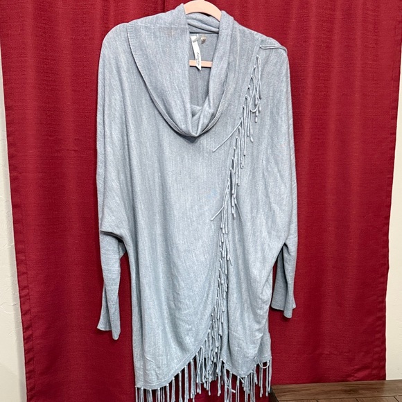 NY Collection Sweaters - NY Collection Light Gray Cowl Neck Sweater with Fringe